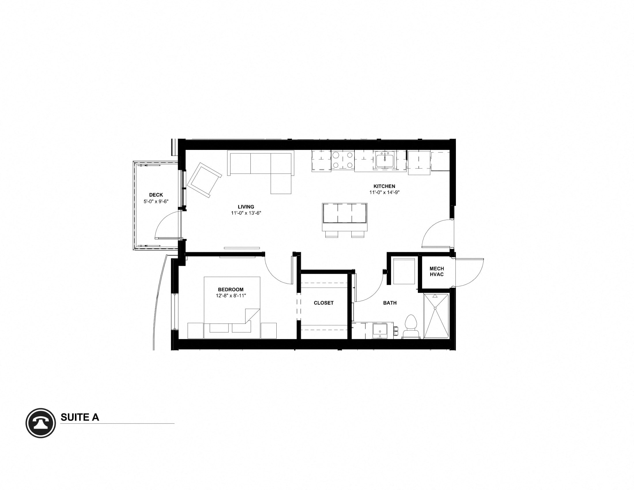 Floor plan for 1 bed, 0.8 baths, 638 sqft
